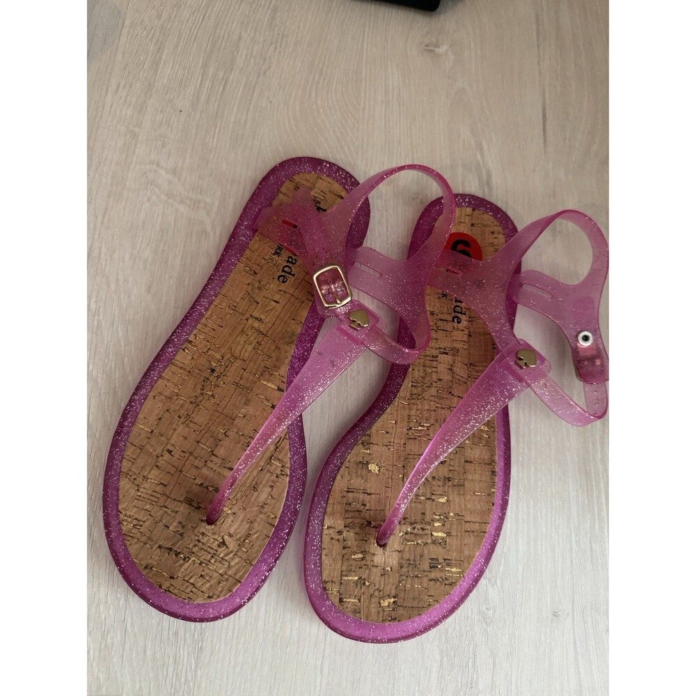 Kate Spade Joni Pink Glitter Jelly T-Strap Sandals Silver Logo PVC Size 6 New